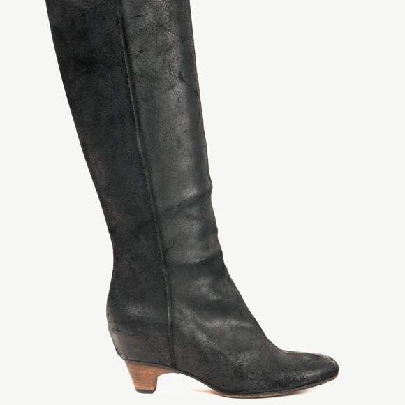 Martin Margiela Black Tall Calves Short Stack Low Heel Leather Boots - Picture 1 of 11